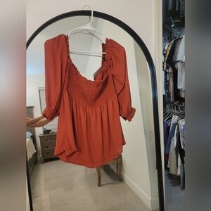 Express Rust Smocked Peasant Blouse